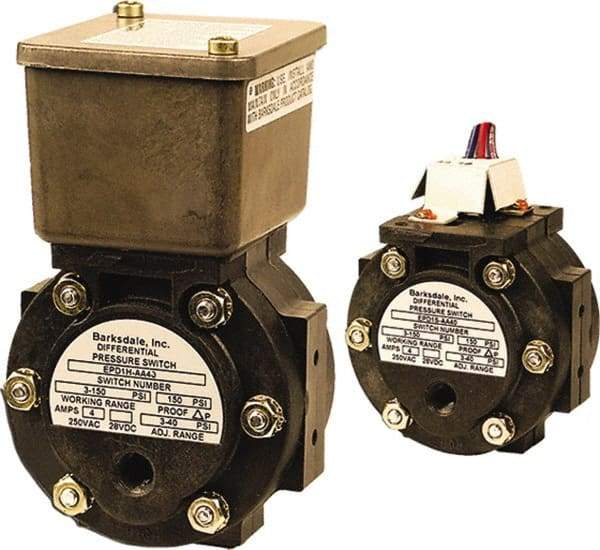 Barksdale - 3 to 40 psi Adjustable Range, 150 Max psi, Differential Pressure Switch - 1/8 NPT Female, Screw Terminals, SPDT Contact, Polysulfone Wetted Parts, 5% Repeatability - USA Tool & Supply