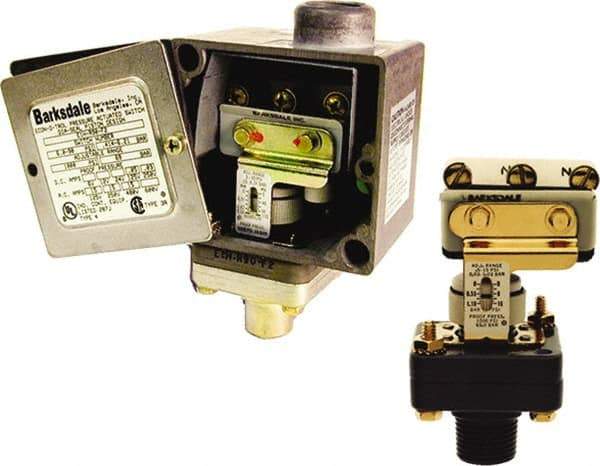 Barksdale - 0.5 to 30 PSI Adjustable Range, 30 inHg Max psi, Diaphragm Piston Pressure Switch - 1/4 NPT Male, Screw Terminals, SPDT Contact, Anodized Al Wetted Parts, 2% Repeatability - USA Tool & Supply