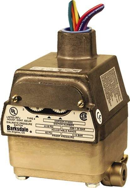 Barksdale - 1.5 to 150 psi Adjustable Range, 300 Max psi, Differential Pressure Switch - 1/8 NPT Female, 18in Free Leads, 2 x SPDT Contact, 300SS Wetted Parts, 0.5% Repeatability - USA Tool & Supply