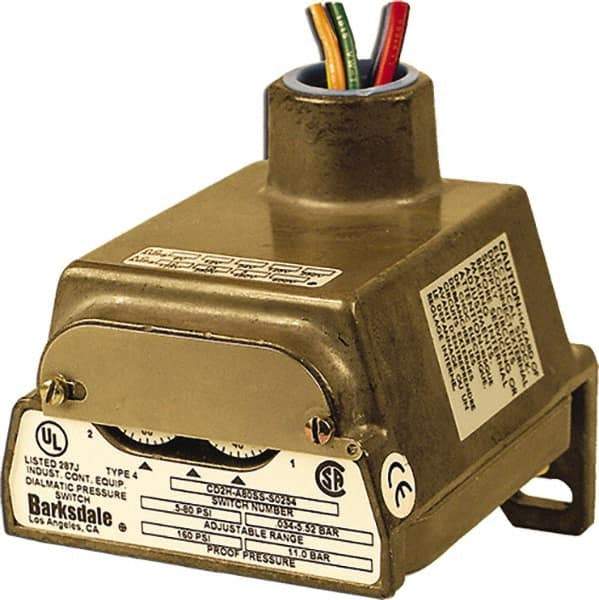 Barksdale - 0.4 to 18 psi Adjustable Range, 60 Max psi, Diaphragm Pressure Switch - 1/4 NPT Female, 18in Free Leads, 2 x SPDT Contact, 304SS Wetted Parts, 0.5% Repeatability - USA Tool & Supply