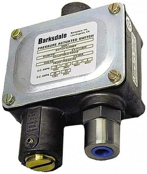 Barksdale - 200 to 3,000 psi Adjustable Range, 10,000 Max psi, Sealed Piston Pressure Switch - 1/4 NPT Female, Screw Terminals, SPDT Contact, 416SS Wetted Parts, 2% Repeatability - USA Tool & Supply