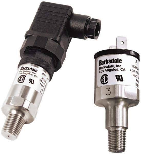 Barksdale - 5 to 50 psi Adjustable Range, 100 Max psi, Compact Pressure Switch - 1/4 NPT Male, DIN 43650, Without Plug, SPST/ NO Contact, SS Wetted Parts, 8% Repeatability - USA Tool & Supply
