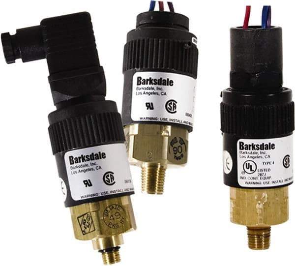 Barksdale - 2.5 to 15 psi Adjustable Range, 1,000 Max psi, Compact Pressure Switch - 1/4 NPT Male, 1/2NPT Female Conduit Connector with Free Leads, SPDT Contact, Brass Wetted Parts, 2% Repeatability - USA Tool & Supply