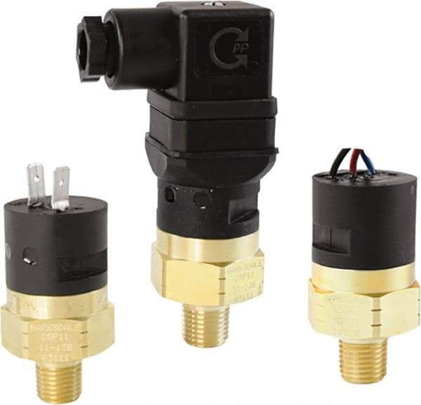 Barksdale - 25 to 150 psi Adjustable Range, 350 Max psi, Compact Pressure Switch - 1/4 NPT Male, DIN 43650A, SPDT Contact, Brass Wetted Parts, 3% Repeatability - USA Tool & Supply