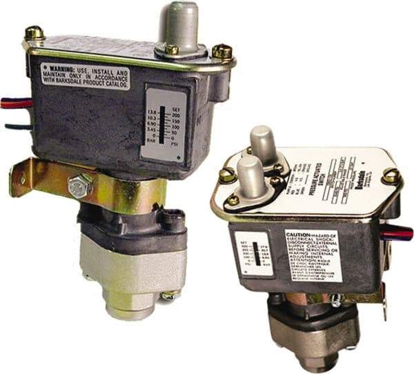 Barksdale - 125 to 1,500 psi Adjustable Range, 7,000 Max psi, Sealed Piston Pressure Switch - 1/4 NPT Female, 18in Free Leads, 2 x SPDT Contact, Nickel Plated Al Wetted Parts, 2% Repeatability - USA Tool & Supply