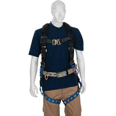 PRO-SAFE - 310 Lb Capacity, Size Universal, Full Body Construction Harness - Polyester, Front D-Rings, Side D-Rings, Tongue Buckle Leg Straps, Tongue Buckle Chest Strap, Gray/Blue, AntiTangle Strap, Back D Ring, Front D Ring & Side D Ring - USA Tool & Supply