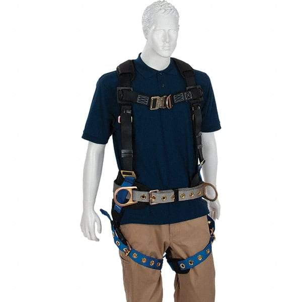 PRO-SAFE - 310 Lb Capacity, Size X-Large, Full Body Construction Harness - Polyester, Tongue Buckle Leg Straps, Tongue Buckle Chest Strap, Gray/Blue, AntiTangle Strap & Back D Ring - USA Tool & Supply