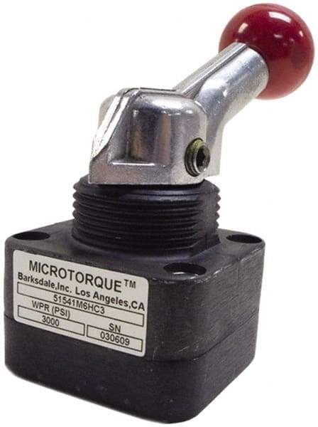 Barksdale - 0.72 GPM 1/4 Inlet Anodized Aluminum Hydraulic Control Valve - 1/4 Thread, 6,000 psi, 3" High x 2.03" Wide x 4.11" Long, 0.09 CV Rate - USA Tool & Supply