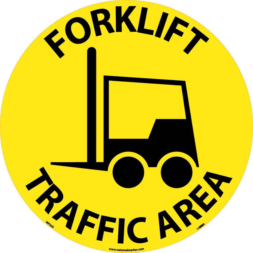 NMC - Adhesive Backed Floor Signs; Message Type: Accident Prevention ; Graphic Type: Truck ; Legend: Forklift Traffic Area ; Color: Black; Yellow ; Special Color Properties: No Special Properties ; Shape: Round - Exact Industrial Supply