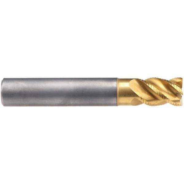 Emuge - 16mm Diam, 22mm LOC, 4 Flute Solid Carbide Roughing & Finishing End Mill - TiN/TiAlN Finish, 82mm OAL, 16mm Shank Diam, Cylindrical Shank, 45° Helix, Stub Length - USA Tool & Supply