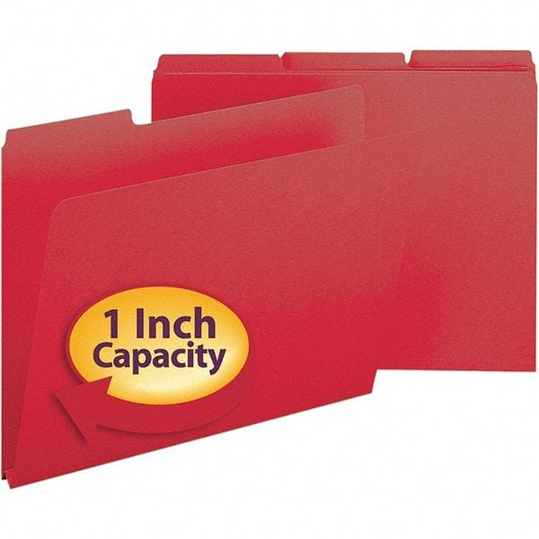 SMEAD - 11-3/4 x 9-1/2", Letter Size, Bright Red, File Folders with Top Tab - 23 Point Stock, Assorted Tab Cut Location - USA Tool & Supply