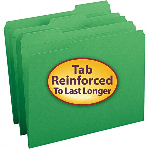 SMEAD - 11-5/8 x 9-1/2", Letter Size, Green, File Folders with Top Tab - 11 Point Stock, Assorted Tab Cut Location - USA Tool & Supply