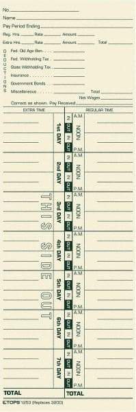 TOPS - 4" High x 3-1/2" Wide Weekly Time Cards - Use with Acroprint 3200, Lathem 3200 - USA Tool & Supply