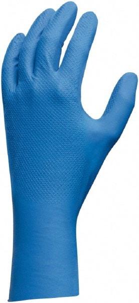 SHOWA - Size L (9), 12" Long, 9 mil Thick, Nitrile Chemical Resistant Gloves - Textured Finish, Gauntlet Cuff, Blue, FDA Approved - USA Tool & Supply