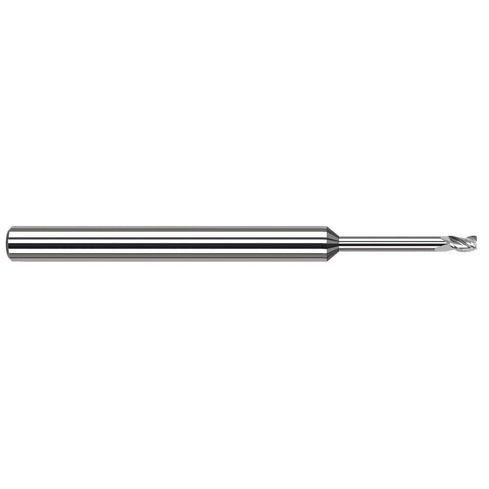 Corner Radius End Mill: 1/4″ Dia, 3/8″ LOC, 0.03″ Radius, 3 Flutes, Solid Carbide 4″ OAL, 1″ Shank Dia, Helix, Bright/Uncoated, Corner Radius End, Centercutting