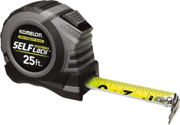 Komelon - 25' x 1-1/16" Yellow Steel Blade Tape Measure - 1/4, 1/8 & 1/16" Graduation, Blue/Gray ABS Plastic Case - USA Tool & Supply
