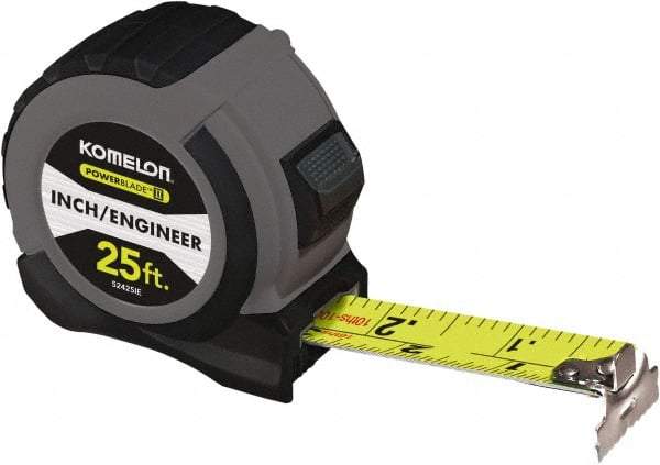 Komelon - 25' x 1-1/16" Yellow Steel Blade Tape Measure - 1/4, 1/8 & 1/16" Graduation, Blue/Gray ABS Plastic Case - USA Tool & Supply