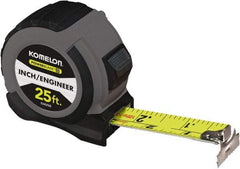 Komelon - 25' x 1-1/16" Yellow Steel Blade Tape Measure - 1/4, 1/8 & 1/16" Graduation, Blue/Gray ABS Plastic Case - USA Tool & Supply