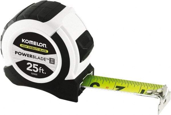 Komelon - 25' x 1-1/16" Yellow Steel Blade Tape Measure - 1/4, 1/8 & 1/16" Graduation, ABS Plastic Case - USA Tool & Supply