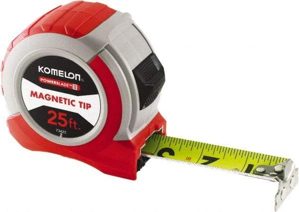 Komelon - 25' x 1-1/16" Yellow Steel Blade Tape Measure - 1/4, 1/8 & 1/16" Graduation, Red ABS Plastic Case - USA Tool & Supply