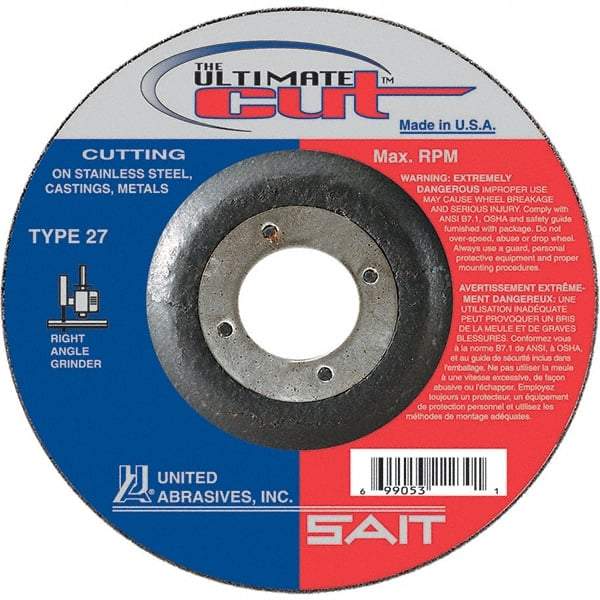 Sait - 4-1/2" Wheel Diam, 7/8" Arbor Hole, Type 27 Depressed Center Wheel - Coarse Grade, Ceramic, 13,300 Max RPM - USA Tool & Supply