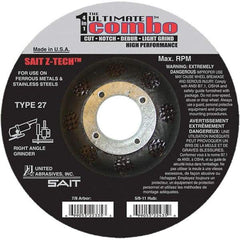 Sait - 6" Wheel Diam, 7/8" Arbor Hole, Type 27 Depressed Center Wheel - Coarse Grade, Zirconia Alumina, 10,200 Max RPM - USA Tool & Supply