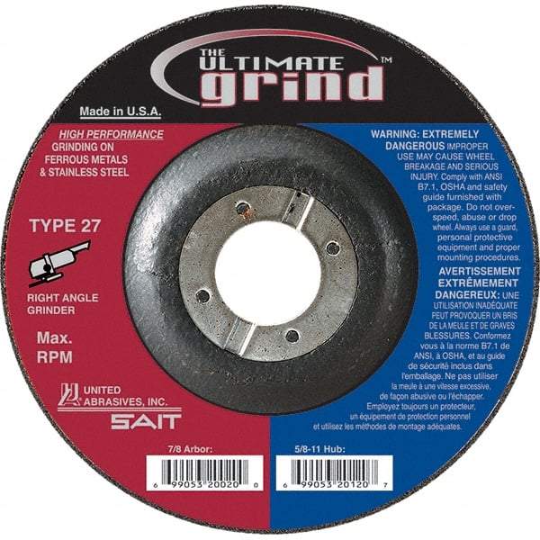 Sait - 4-1/2" Wheel Diam, 1/4" Wheel Thickness, 7/8" Arbor Hole, Type 27 Depressed Center Wheel - Coarse Grade, Zirconia Alumina, 13,300 Max RPM - USA Tool & Supply