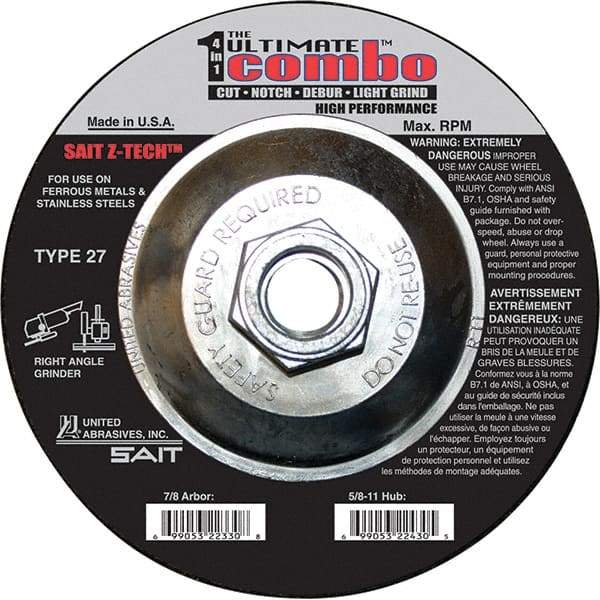 Sait - 6" Wheel Diam, Type 27 Depressed Center Wheel - Coarse Grade, Zirconia Alumina, 10,200 Max RPM - USA Tool & Supply