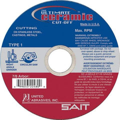 Sait - 5" 60 Grit Ceramic Cutoff Wheel - 0.045" Thick, 7/8" Arbor, 12,200 Max RPM, Use with Angle Grinders - USA Tool & Supply