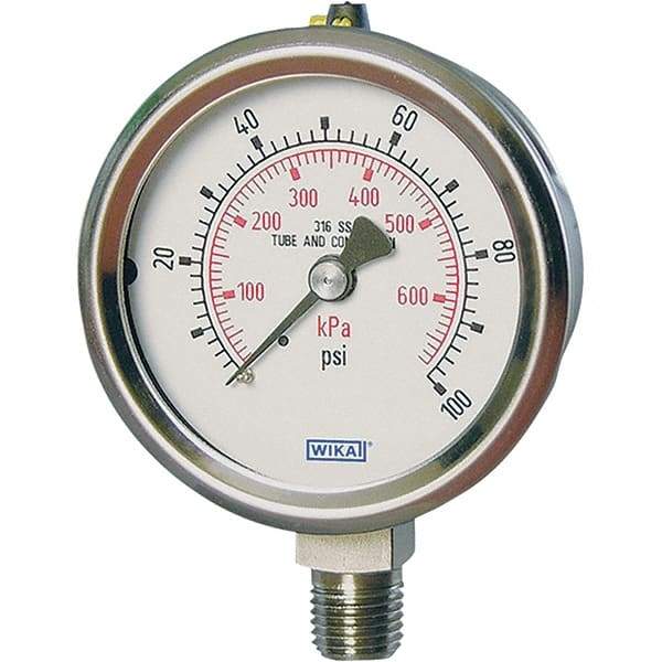 Wika - 4" Dial, 1/4 Thread, -1-10 Scale Range, Pressure Gauge - Lower Connection Mount, Accurate to 1% of Scale - USA Tool & Supply