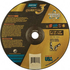 Norton - 24 Grit, 9" Wheel Diam, 1/8" Wheel Thickness, 7/8" Arbor Hole, Type 27 Depressed Center Wheel - Coarse Grade, Ceramic, Resinoid Bond, 6,600 Max RPM - USA Tool & Supply