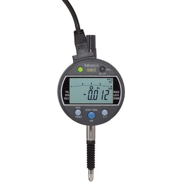 Mitutoyo - 0 to 1/2" Range, 0.00005, 0.0001 & 0.0005" Graduation, Electronic Drop Inidicator - Flat Back, 0.0001" Accuracy, LCD Display, Inch & Metric - USA Tool & Supply