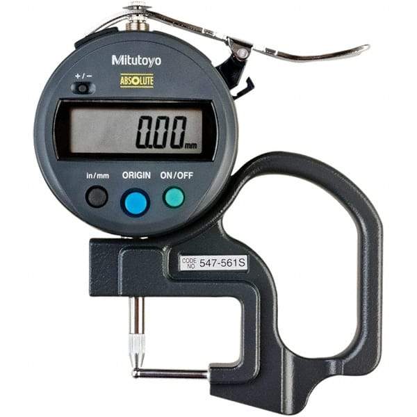 Mitutoyo - 0mm to 12mm Measurement, 0.01mm Resolution Electronic Thickness Gage - Accurate up to 0.001", 1.5 N Measuring Force - USA Tool & Supply