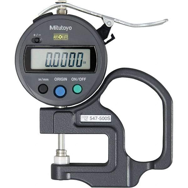 Mitutoyo - 0mm to 12mm Measurement, 0.01mm Resolution Electronic Thickness Gage - Accurate up to 0.001", 1.5 N Measuring Force - USA Tool & Supply