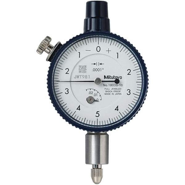 Mitutoyo - 1/4" Range, 0-5-0 Dial Reading, 0.0001" Graduation Dial Drop Indicator - 40mm Dial, 0.01" Range per Revolution, 0.0001" Accuracy, Revolution Counter - USA Tool & Supply