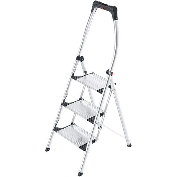 Hailo - 3 Steps, 4' 8" High, EN14183 Rating, Aluminum Step Ladder - 330 Lb Capacity, 21-17/64" Base Width - USA Tool & Supply