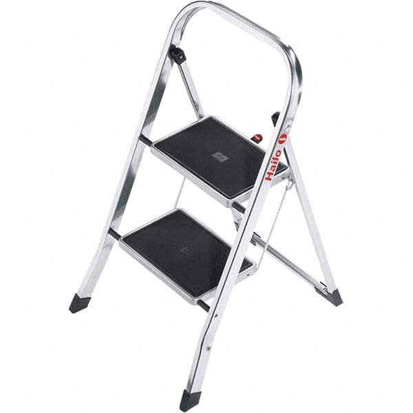 Hailo - 2 Steps, 2' 7" High, EN14183 Rating, Aluminum Step Ladder - 330 Lb Capacity, 18-1/2" Base Width - USA Tool & Supply