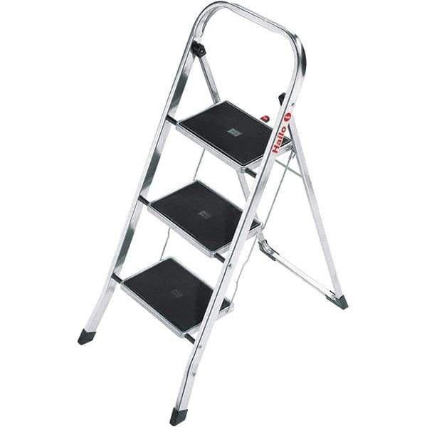 Hailo - 3 Steps, 3' 4" High, EN14183 Rating, Aluminum Step Ladder - 330 Lb Capacity, 18-1/2" Base Width - USA Tool & Supply