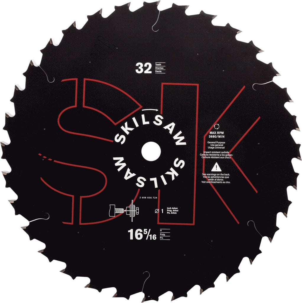 Skilsaw - 16-5/16" Diam, 1" Arbor Hole Diam, 32 Tooth Wet & Dry Cut Saw Blade - Carbide-Tipped, Cutoff Action, Standard Round Arbor - USA Tool & Supply