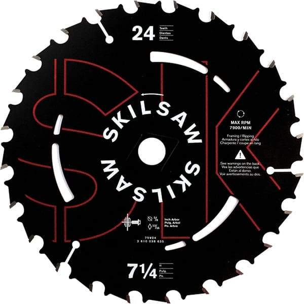 Skilsaw - 7-1/4" Diam, 5/8" Arbor Hole Diam, 24 Tooth Wet & Dry Cut Saw Blade - Carbide-Tipped, Cutoff Action, Diamond Arbor - USA Tool & Supply