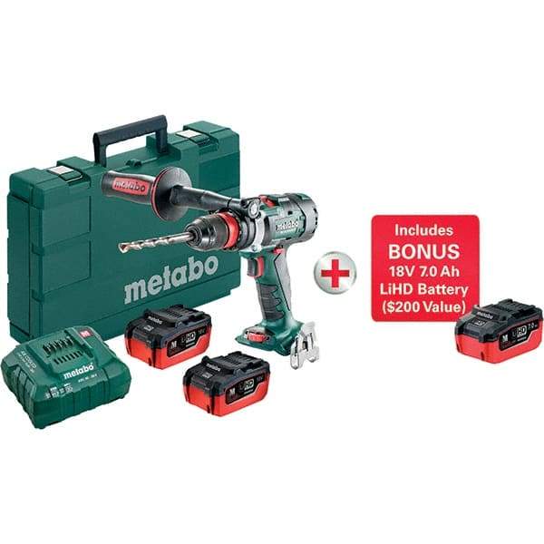 Metabo - 18 Volt 1/2" Chuck Pistol Grip Handle Cordless Drill - 0-500 & 0-2050 & 3800 RPM, Keyless Chuck, Reversible, 3 Lithium-Ion Batteries Included - USA Tool & Supply