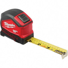 Milwaukee Tool - 16' x 1" Yellow Steel Blade Tape Measure - 1/16" & 1/10' Graduation, Inch Graduation Style, Red/Black Plastic Case - USA Tool & Supply
