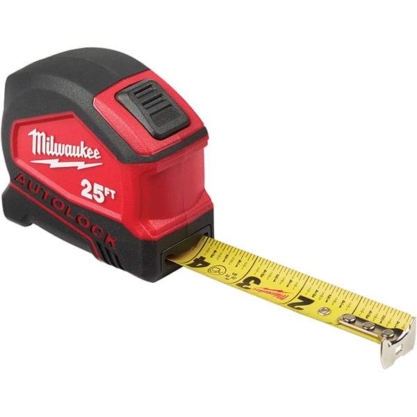 Milwaukee Tool - 25' x 1" Yellow Steel Blade Tape Measure - 1/16" & 1/10' Graduation, Inch Graduation Style, Red/Black Plastic Case - USA Tool & Supply