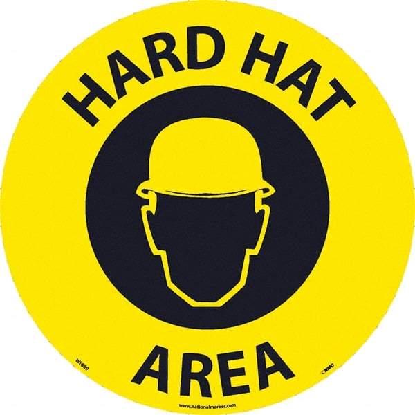 NMC - Hard Hat Area, Anti-Skid Pressure-Sensitive Vinyl Floor Sign - Round, Black on Yellow, Adhesive Backed, For Restroom, Janitorial & Housekeeping - USA Tool & Supply