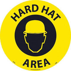 NMC - Hard Hat Area, Anti-Skid Pressure-Sensitive Vinyl Floor Sign - Round, Black on Yellow, Adhesive Backed, For Restroom, Janitorial & Housekeeping - USA Tool & Supply
