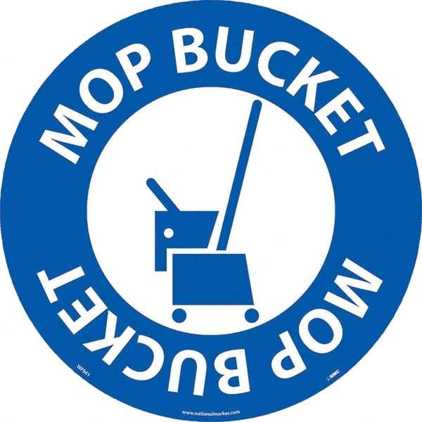NMC - Mop Bucket, Anti-Skid Pressure-Sensitive Vinyl Floor Sign - Round, White on Blue, Adhesive Backed, For Restroom, Janitorial & Housekeeping - USA Tool & Supply