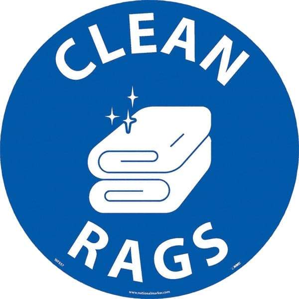 NMC - Clean Rags, Anti-Skid Pressure-Sensitive Vinyl Floor Sign - Round, White on Blue, Adhesive Backed, For Restroom, Janitorial & Housekeeping - USA Tool & Supply