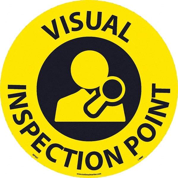 NMC - Visual Inspection Point, Anti-Skid Pressure-Sensitive Vinyl Floor Sign - Round, Black on Yellow, Adhesive Backed, For Restroom, Janitorial & Housekeeping - USA Tool & Supply