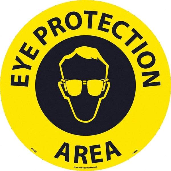 NMC - Eye Protection Area, Anti-Skid Pressure-Sensitive Vinyl Floor Sign - Round, Black on Yellow, Adhesive Backed, For Restroom, Janitorial & Housekeeping - USA Tool & Supply