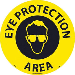 NMC - Eye Protection Area, Anti-Skid Pressure-Sensitive Vinyl Floor Sign - Round, Black on Yellow, Adhesive Backed, For Restroom, Janitorial & Housekeeping - USA Tool & Supply